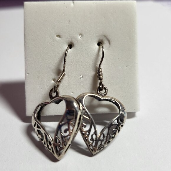 Vintage Sterling Silver Filigree Open Heart Dangle Earrings - Picture 1 of 7